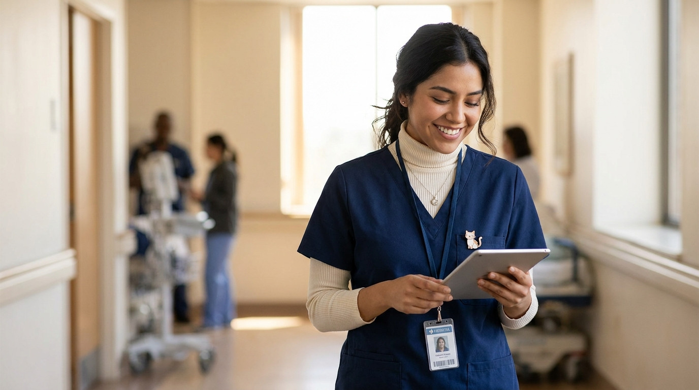 A young woman in scrubs walking through a hospital corridor, reading from a tablet, with natural light pouring in from a
