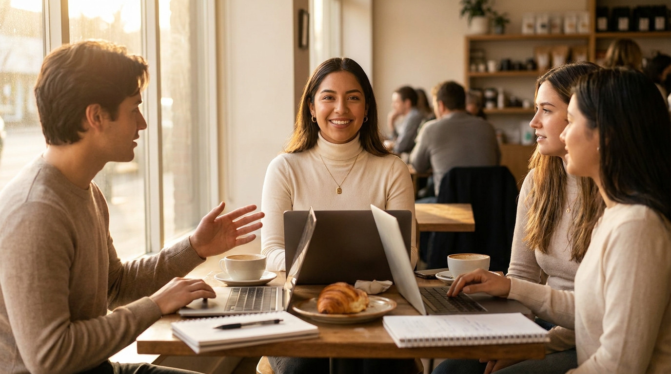 Three young professionals sitting around a small cafe table with laptops and notebooks spread out, one gesturing while e