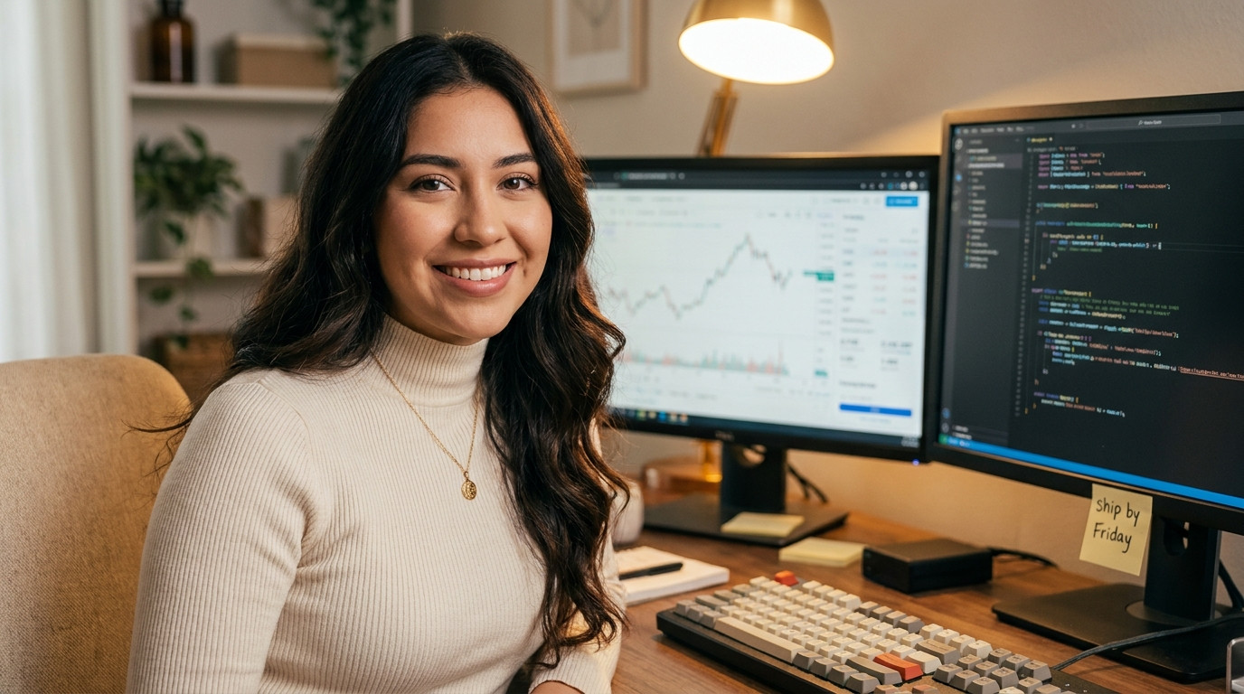 A close-up of a dual-monitor desk setup showing financial charts on one screen and a code editor on the other, with a me