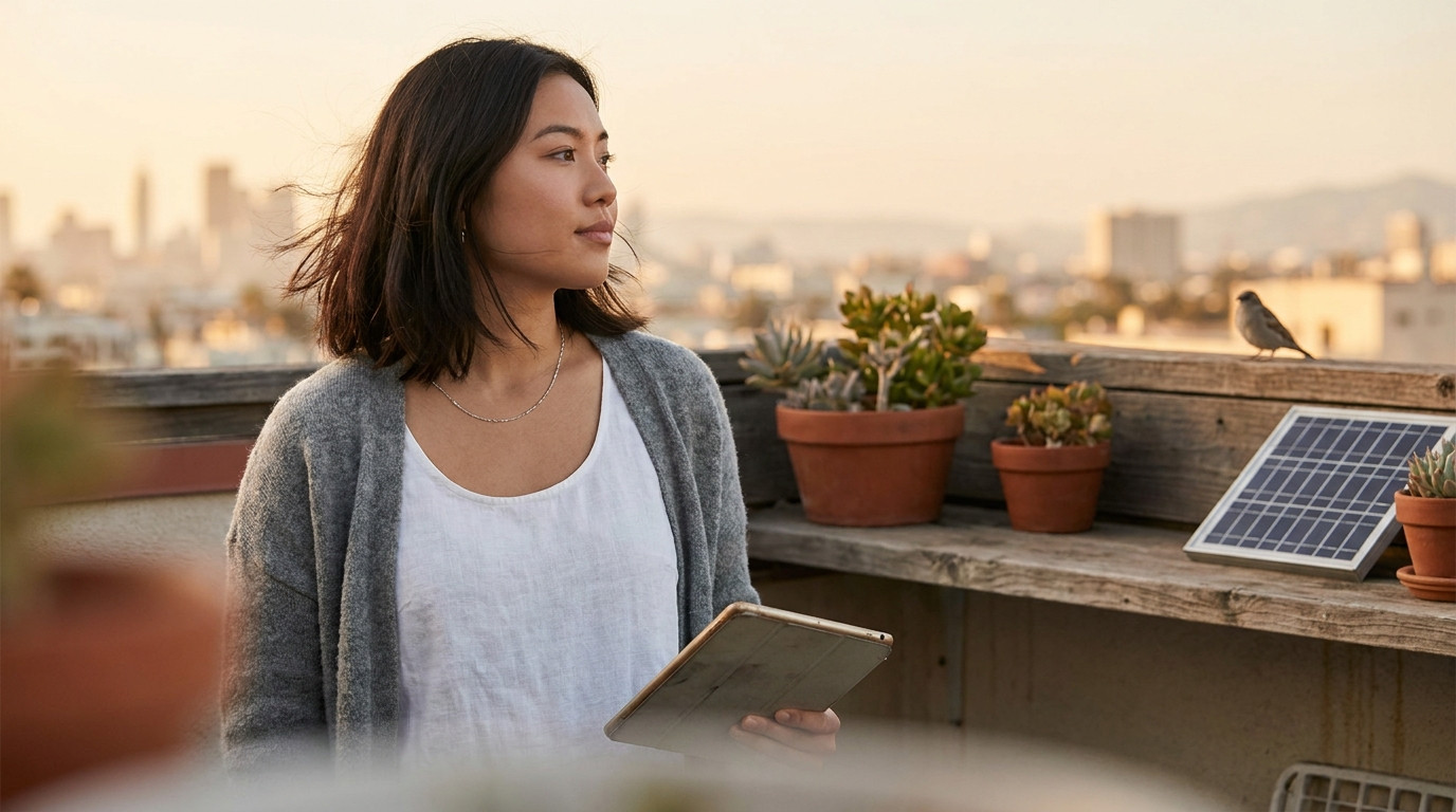 A young Latina woman standing on a rooftop terrace looking out over a city skyline at golden hour, holding a tablet loos