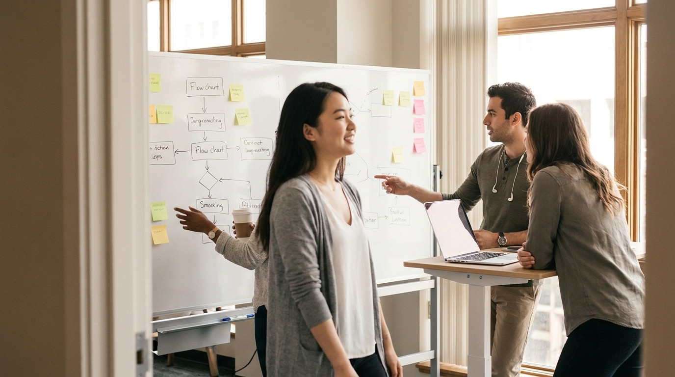 A diverse group of three young professionals (mid-20s) gathered around a whiteboard in a bright coworking space, one dra