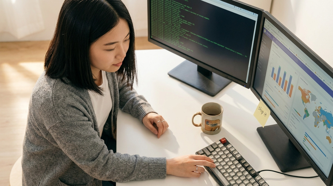 Close-up of a dual-monitor setup on a clean white desk. The left screen shows a dark-themed terminal with green scrollin