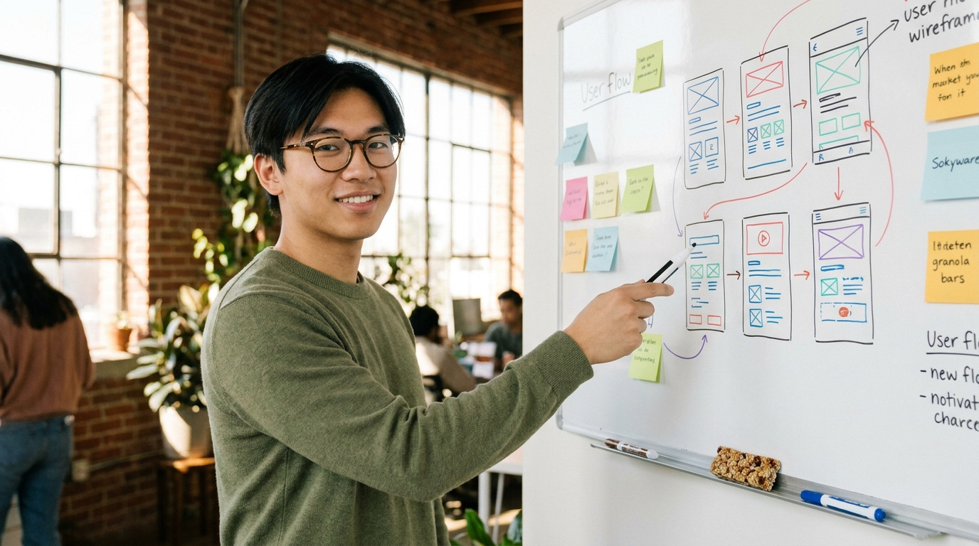A young designer standing at a large wall-mounted whiteboard covered in colorful wireframe sketches and sticky notes, po