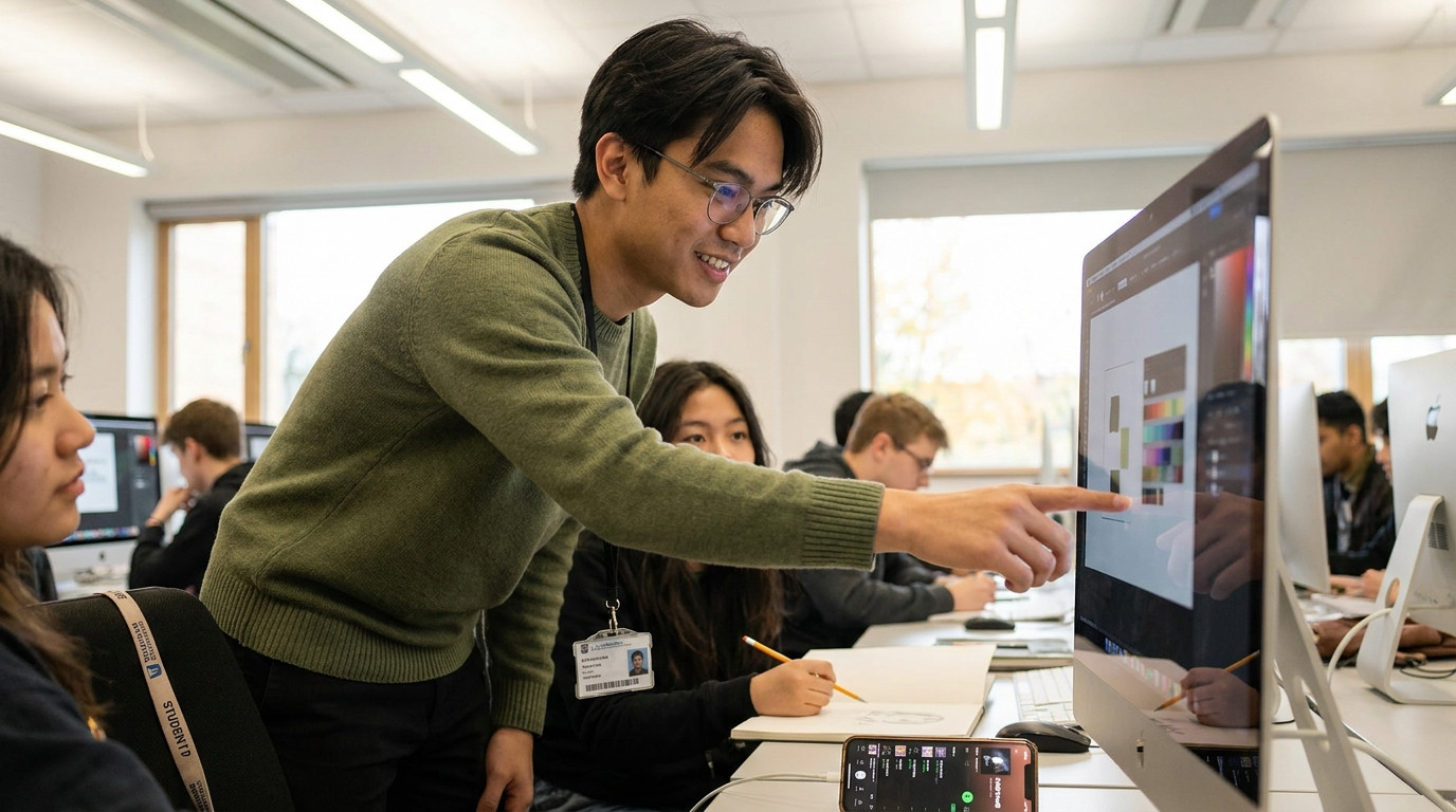 Three design students huddled around a large monitor in a university computer lab, one standing and gesturing at a color