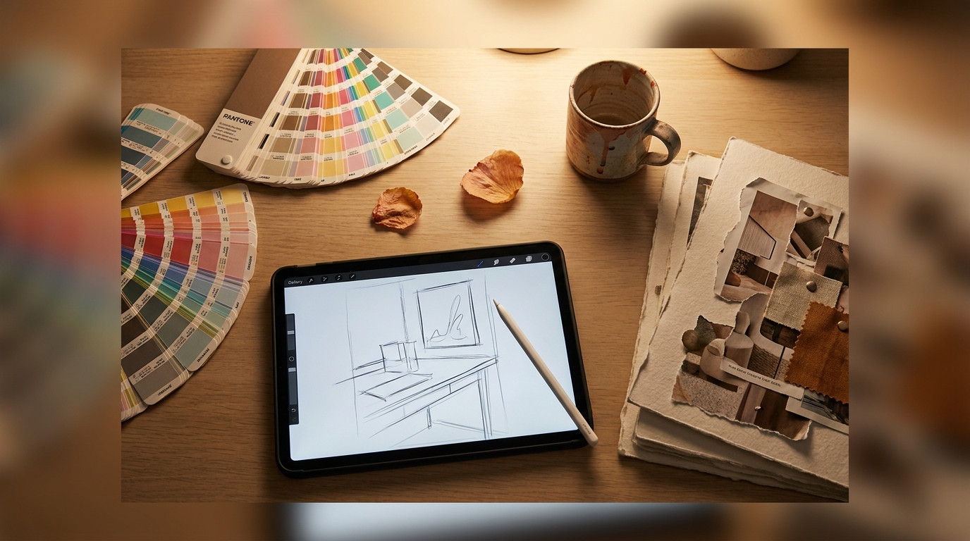 A close-up of a designer's desk showing an iPad Pro with a half-finished logo sketch in Procreate, surrounded by Pantone