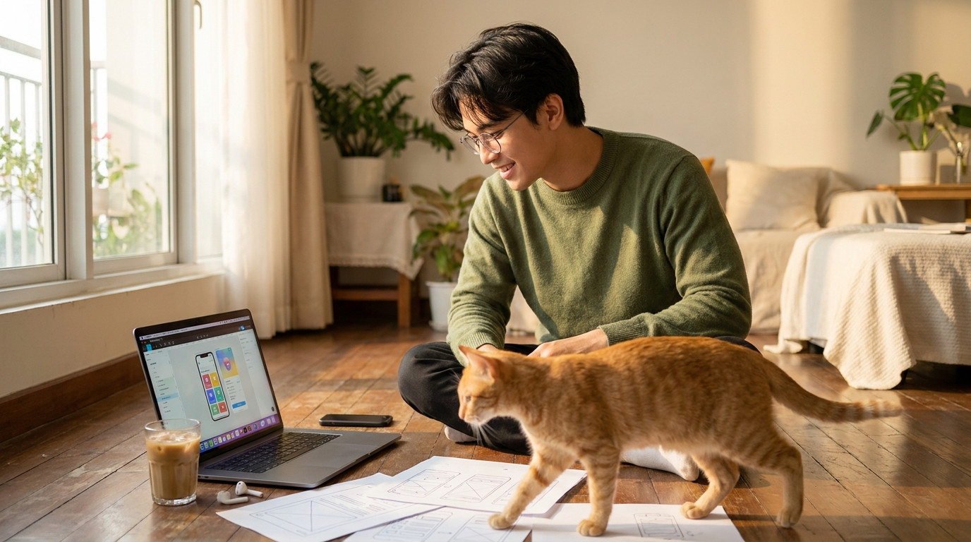 A young designer sitting cross-legged on the floor of a sunlit apartment, laptop open showing a Figma artboard with a mo
