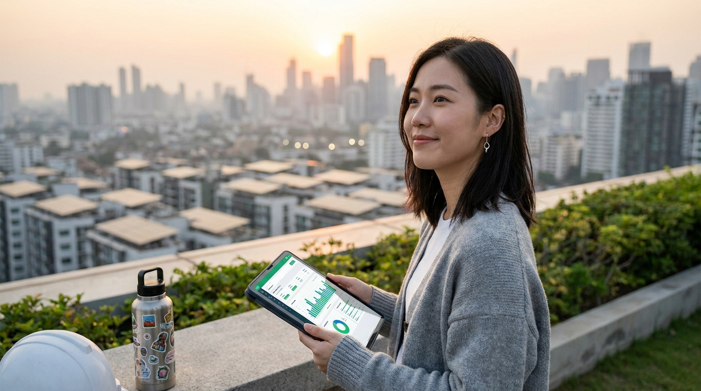 A young professional standing on a rooftop overlooking a city skyline dotted with solar panels, holding a tablet display