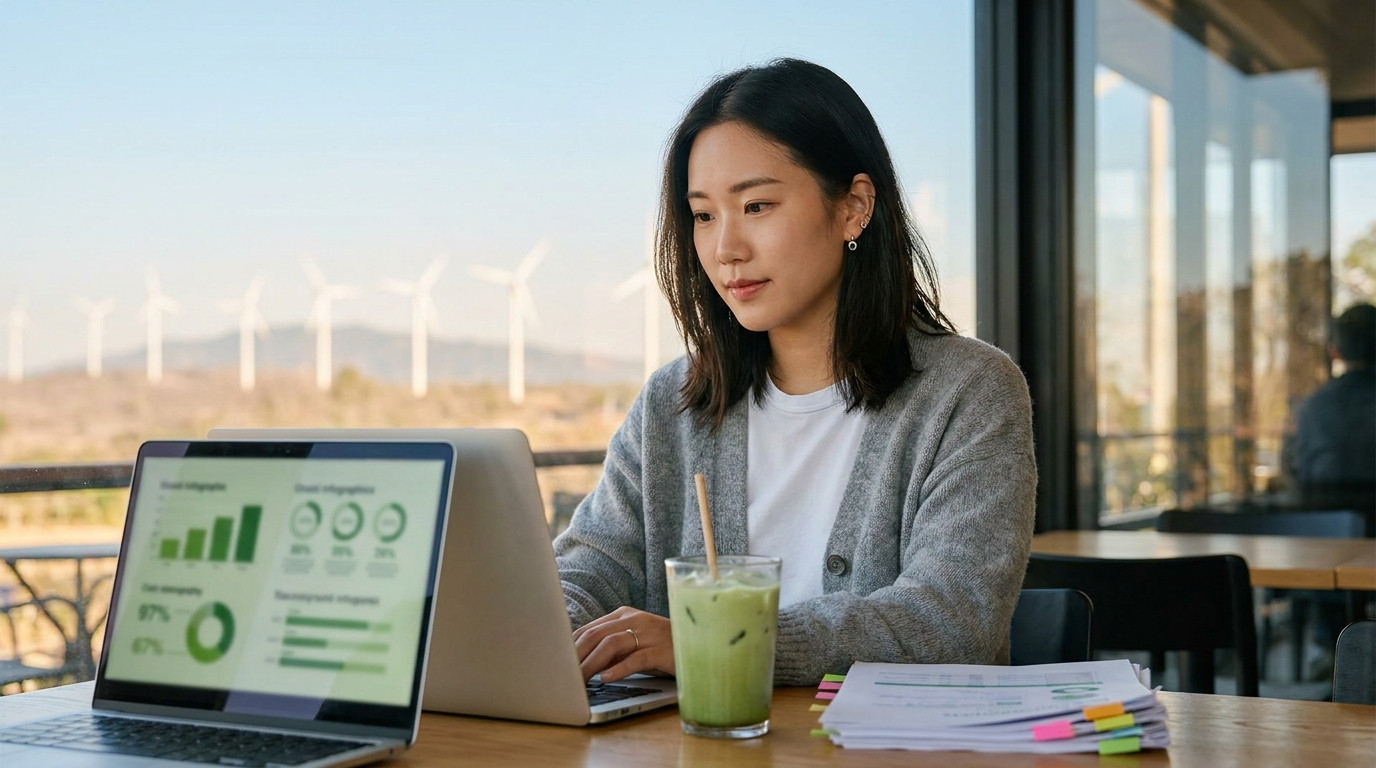 A young professional sitting at an outdoor café table with a laptop open, reviewing a sustainability report with charts 