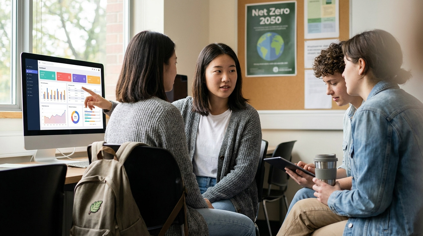 Three students gathered around a large monitor in a university sustainability lab, one pointing at a carbon emissions da