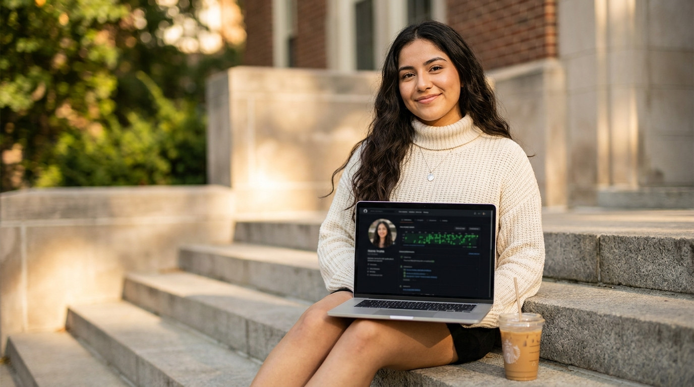 A young computer science student sitting on the concrete steps outside a university engineering building, laptop balance