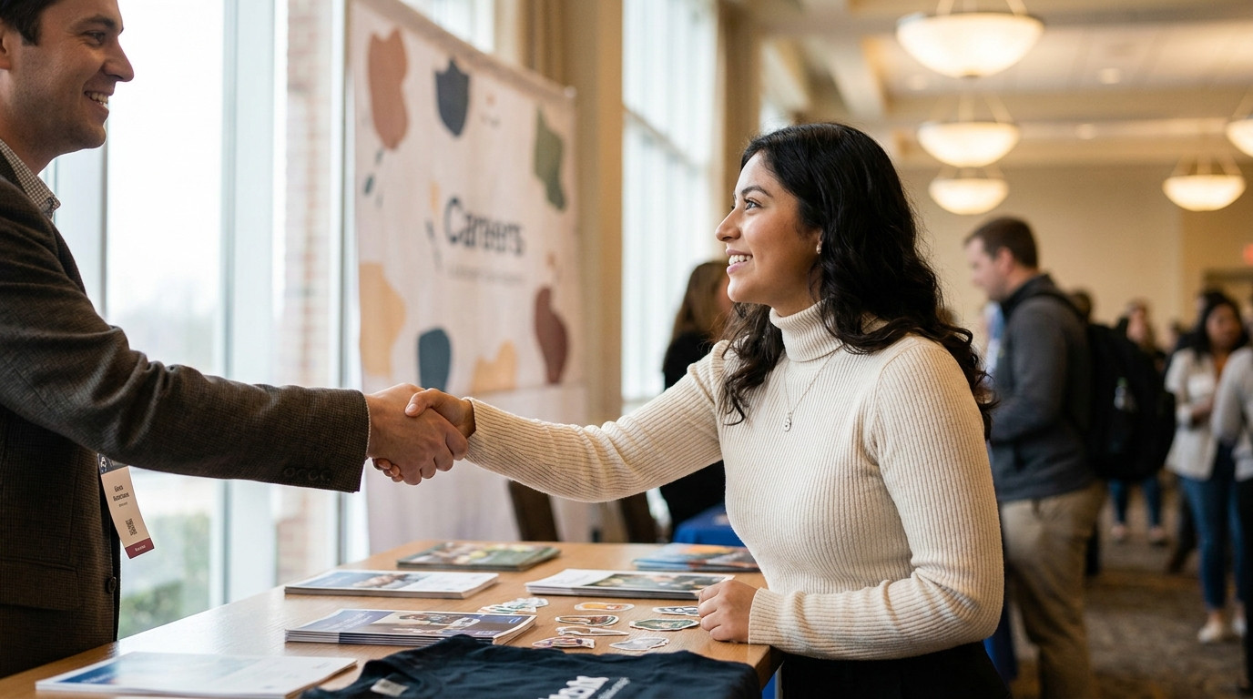 A student standing at a campus career fair booth, leaning forward slightly to shake hands with a recruiter across a tabl