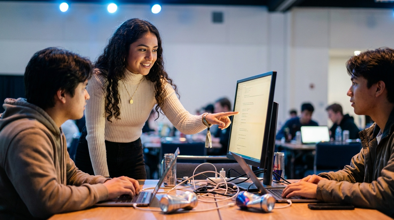 Three college students huddled around a single monitor at a hackathon, one standing and pointing at a line of code while