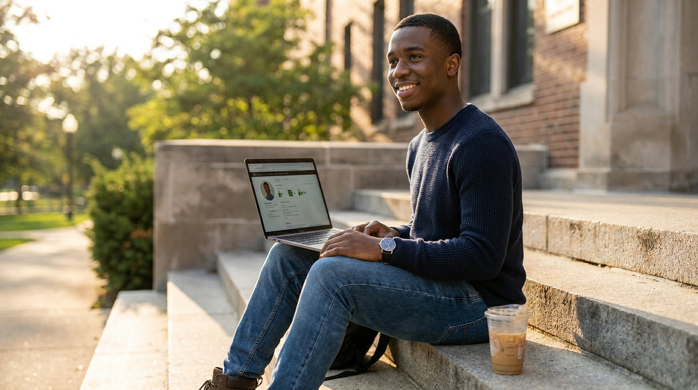 A young computer science student sitting on the concrete steps outside a university engineering building, laptop balance