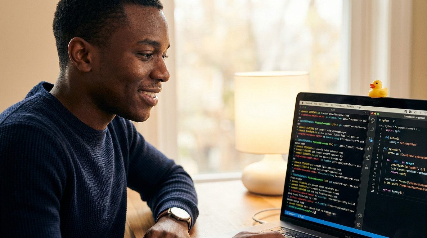 Close-up of a laptop screen showing a terminal window with colorful Git commit history scrolling, a code editor tab open