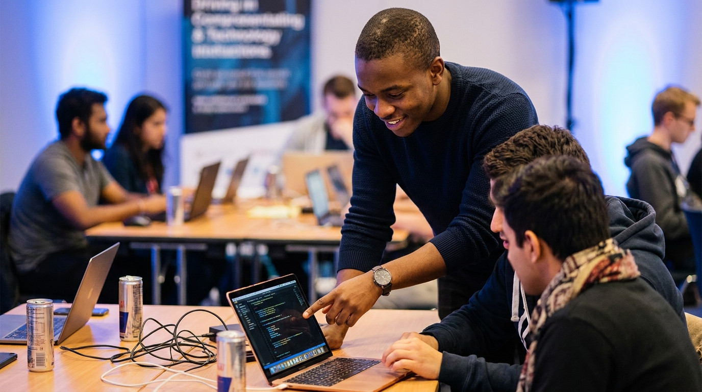 Three college students huddled around a single monitor at a hackathon, one standing and pointing at a line of code while
