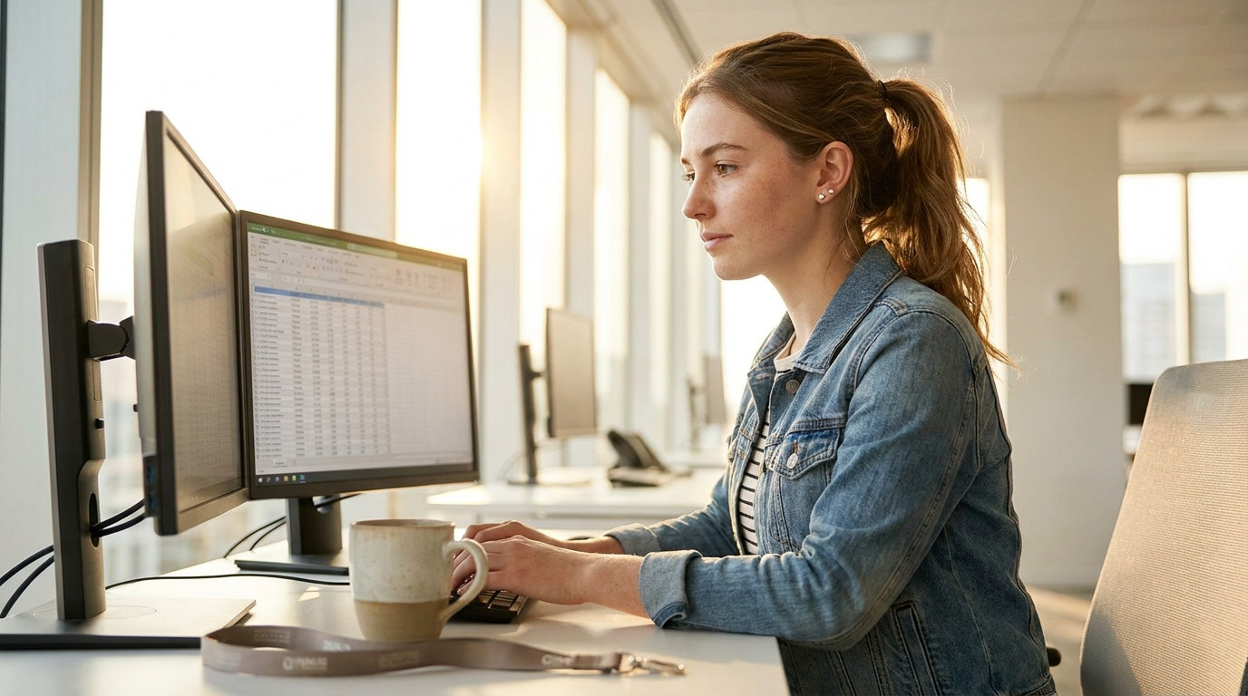 A young woman in business casual attire reviewing a spreadsheet on a dual-monitor setup at a sleek downtown office, morn