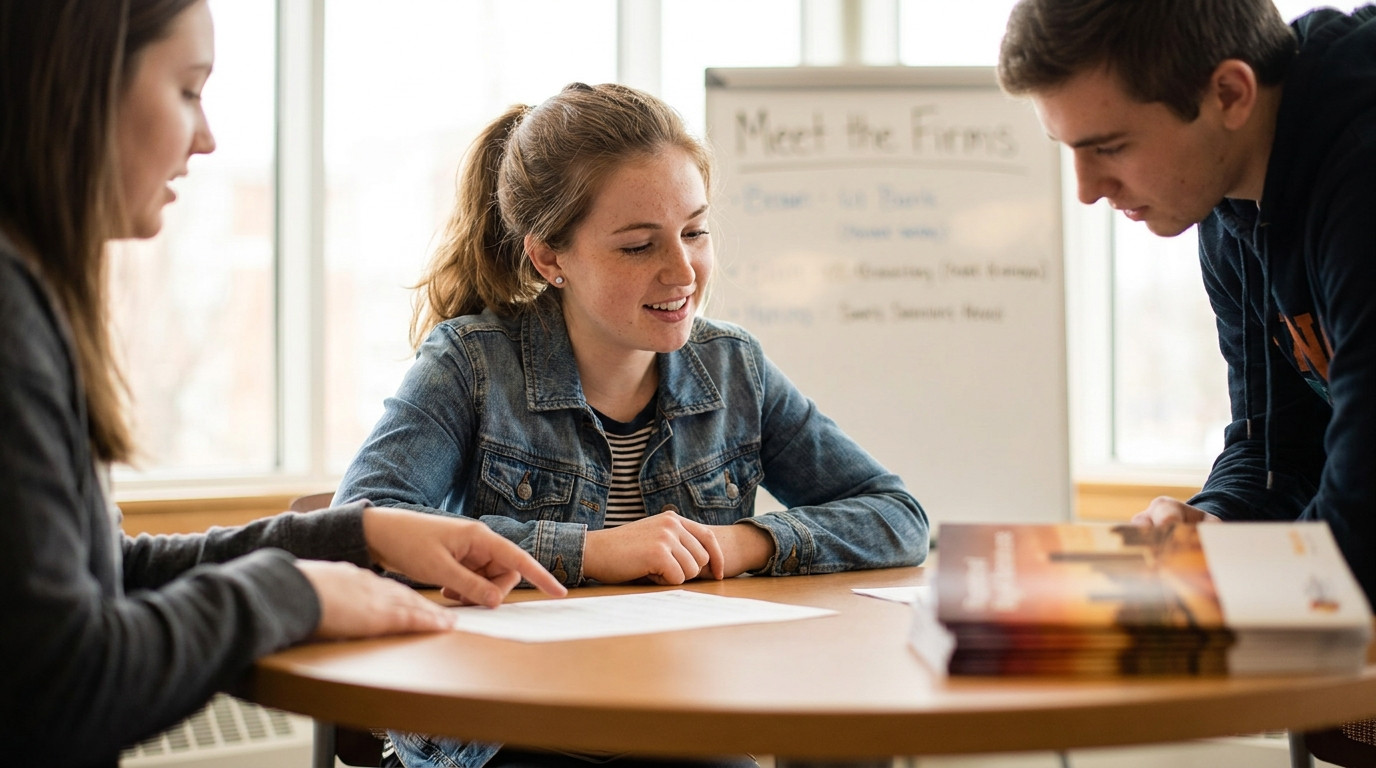 Three students sitting together at a round table in a university career center, one gesturing toward a printed resume wh