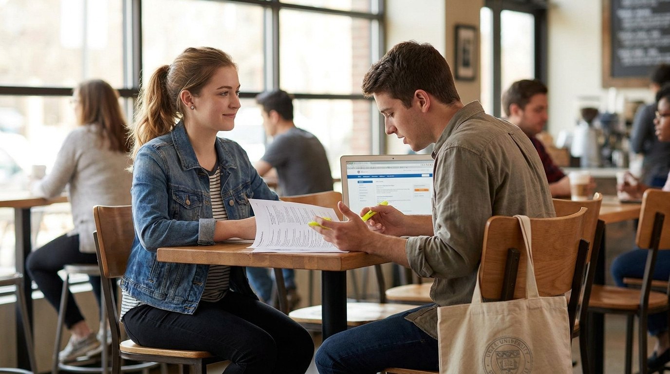 A young man sitting at a high-top table in a bright coffee shop, reviewing printed financial statements with a highlight