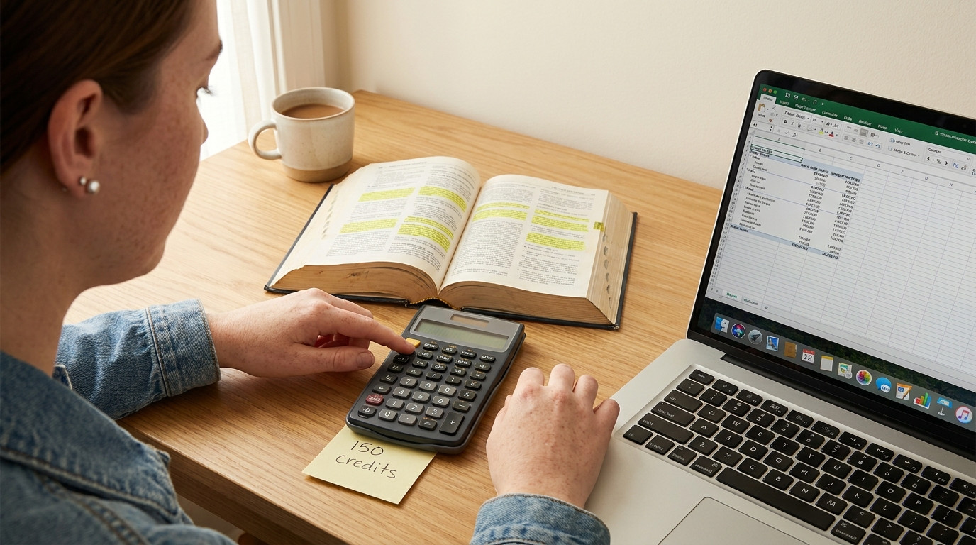 Close-up of a desk workspace showing a financial calculator next to a highlighted tax code reference book, a laptop disp