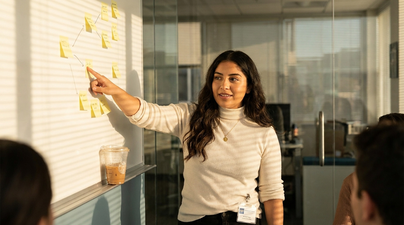 A young professional in a glass-walled meeting room mid-gesture, pointing at a wall of yellow sticky notes mapping a pro