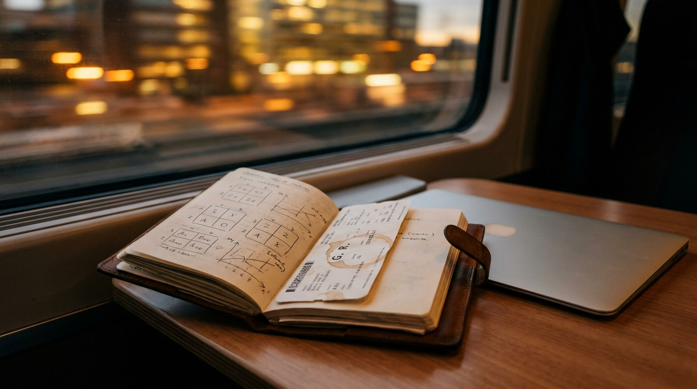 Close-up of a worn leather notebook open on a train tray table, filled with hand-drawn 2x2 matrices and a coffee-stained