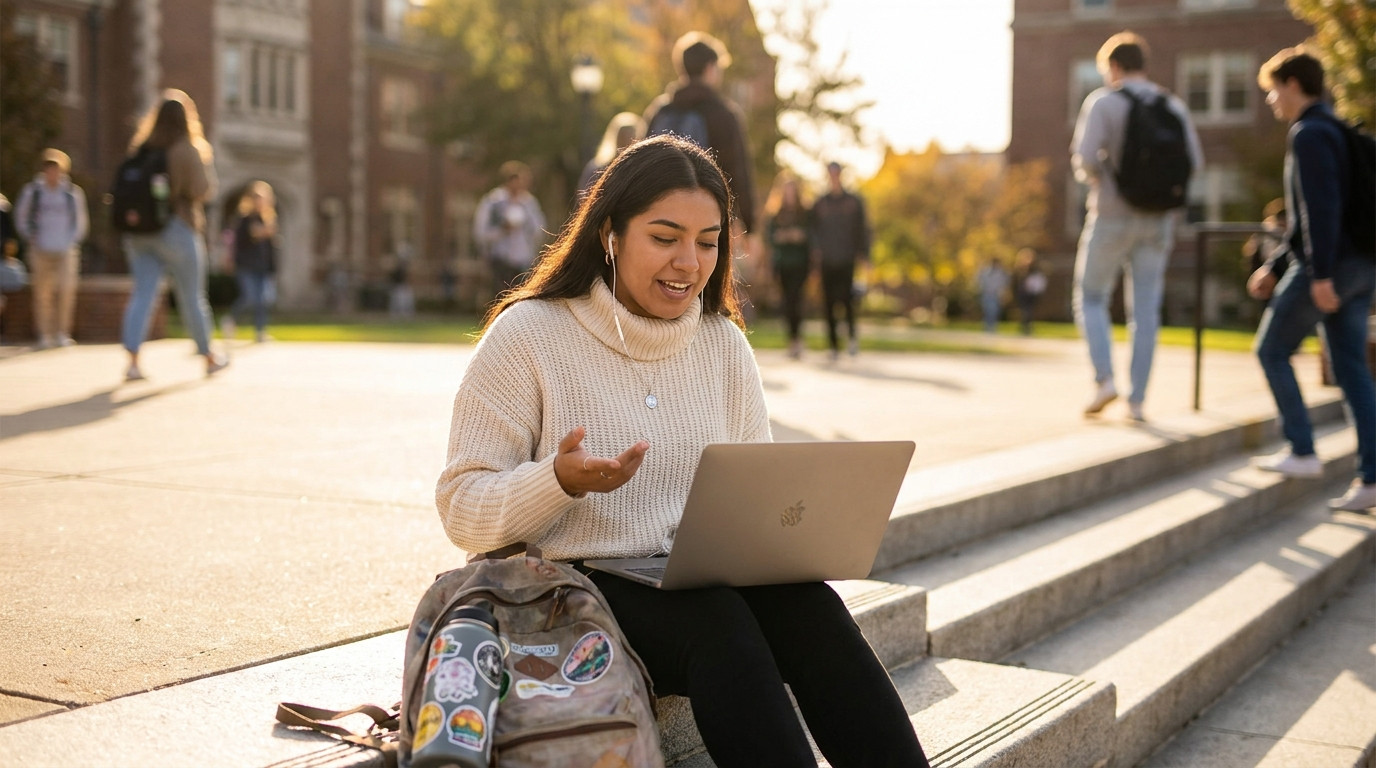 A student perched on outdoor concrete steps on a campus quad at golden hour, laptop balanced on their knees, gesturing a