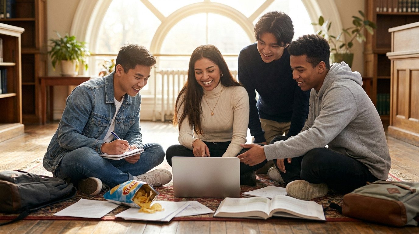 Four students of different backgrounds clustered around a laptop on a sun-drenched library floor, mid-laugh as one point