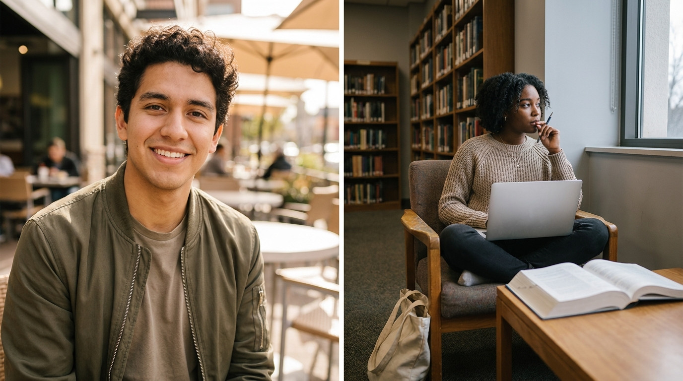 The same young Black woman from before, now in a quiet university library nook,
