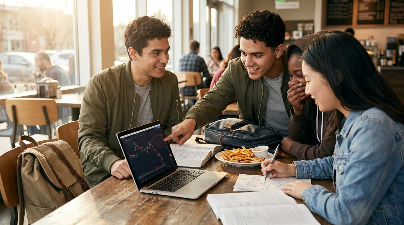 Three university students of different ethnicities gathered around a laptop at a