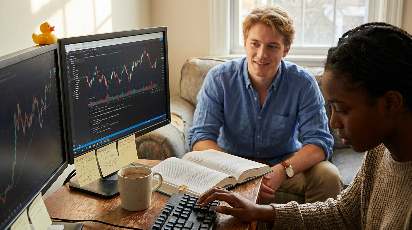 A focused Black woman in her early twenties sitting at a cluttered home desk, leaning toward two monitors showing candle