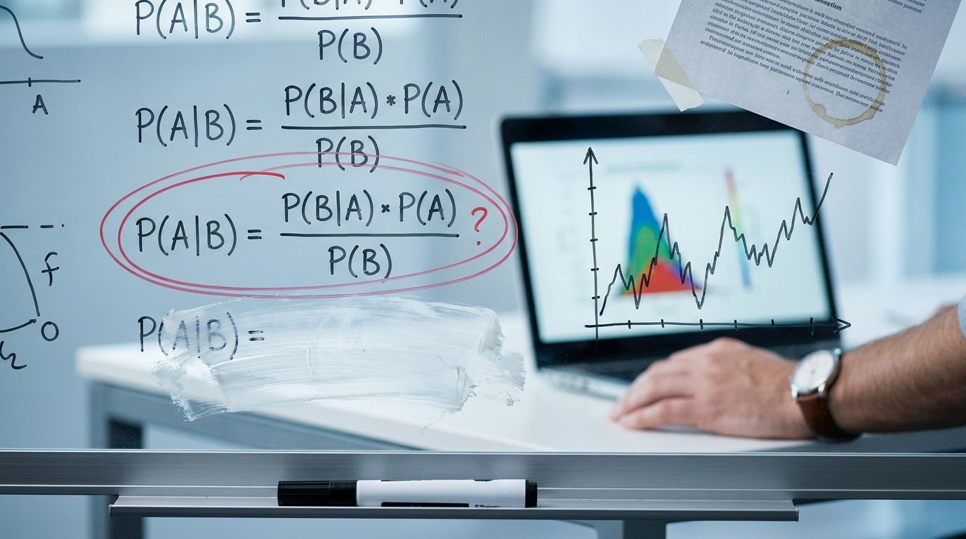 An extreme close-up of a glass whiteboard densely covered in handwritten probability equations and a sketched price char
