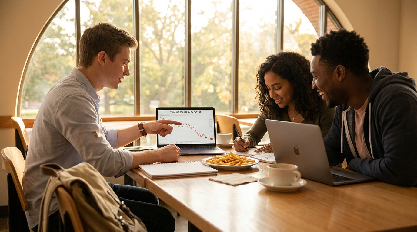 Three university students of different ethnicities gathered around a laptop at a campus cafe table, one pointing at a tr