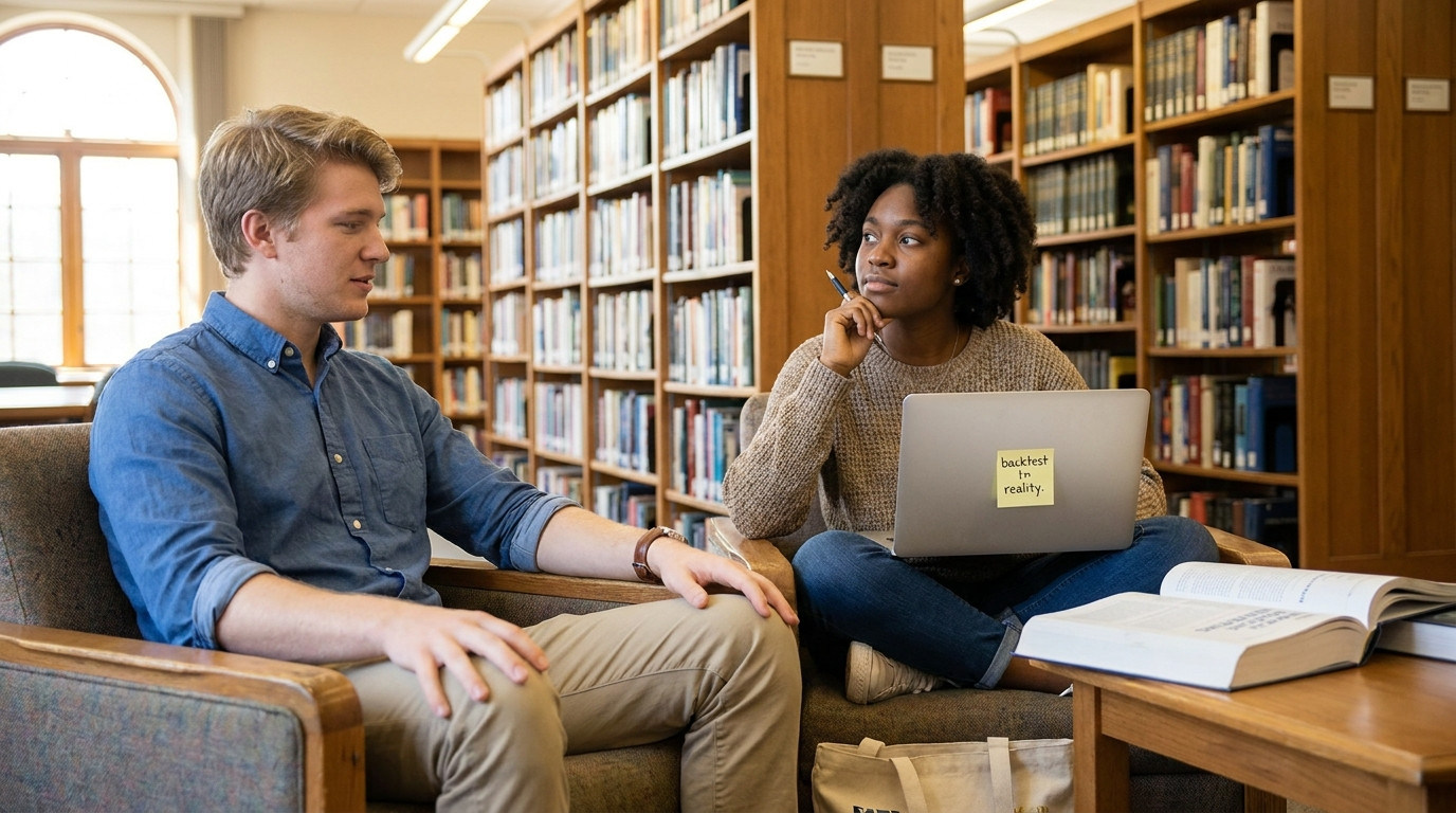 The same young Black woman from before, now in a quiet university library nook, sitting cross-legged in a chair with a l