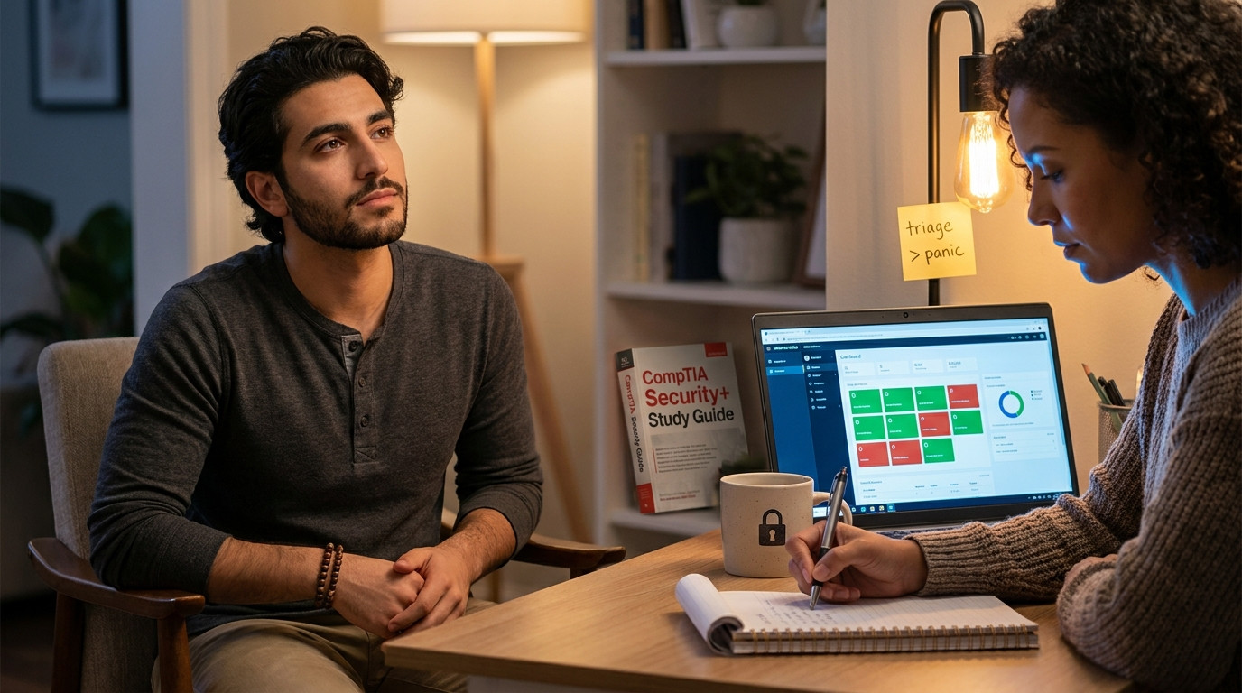 A focused Latina woman in her early twenties at a tidy home desk, leaning toward a laptop showing a security dashboard w
