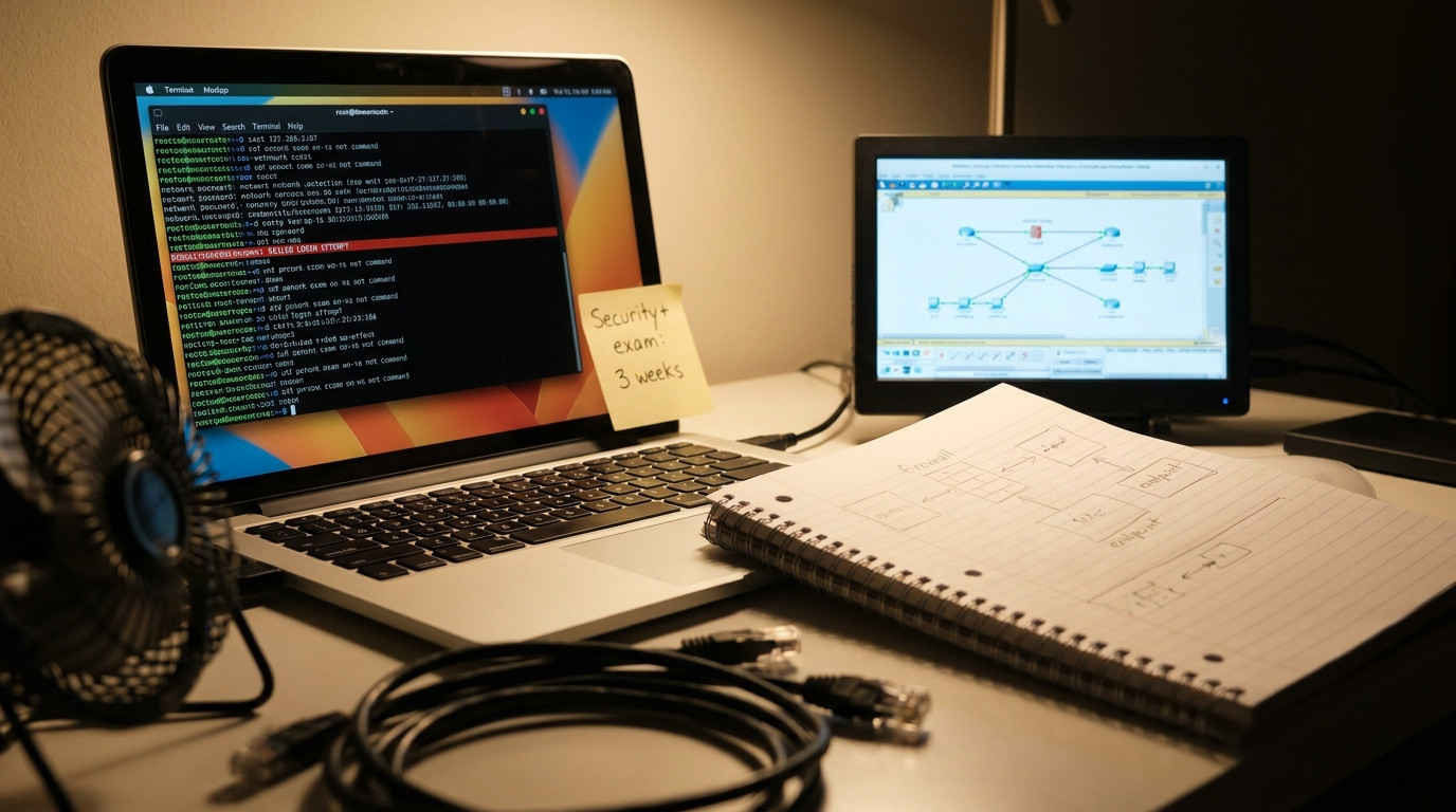 An extreme close-up of a home-lab setup: a laptop screen filled with a terminal window running network monitoring comman