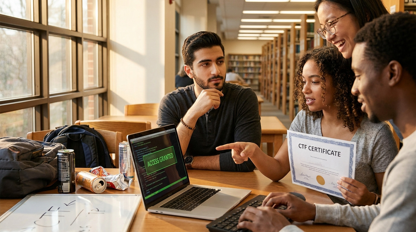 Three young adults of different ethnicities clustered around a laptop at a library table running a capture-the-flag styl