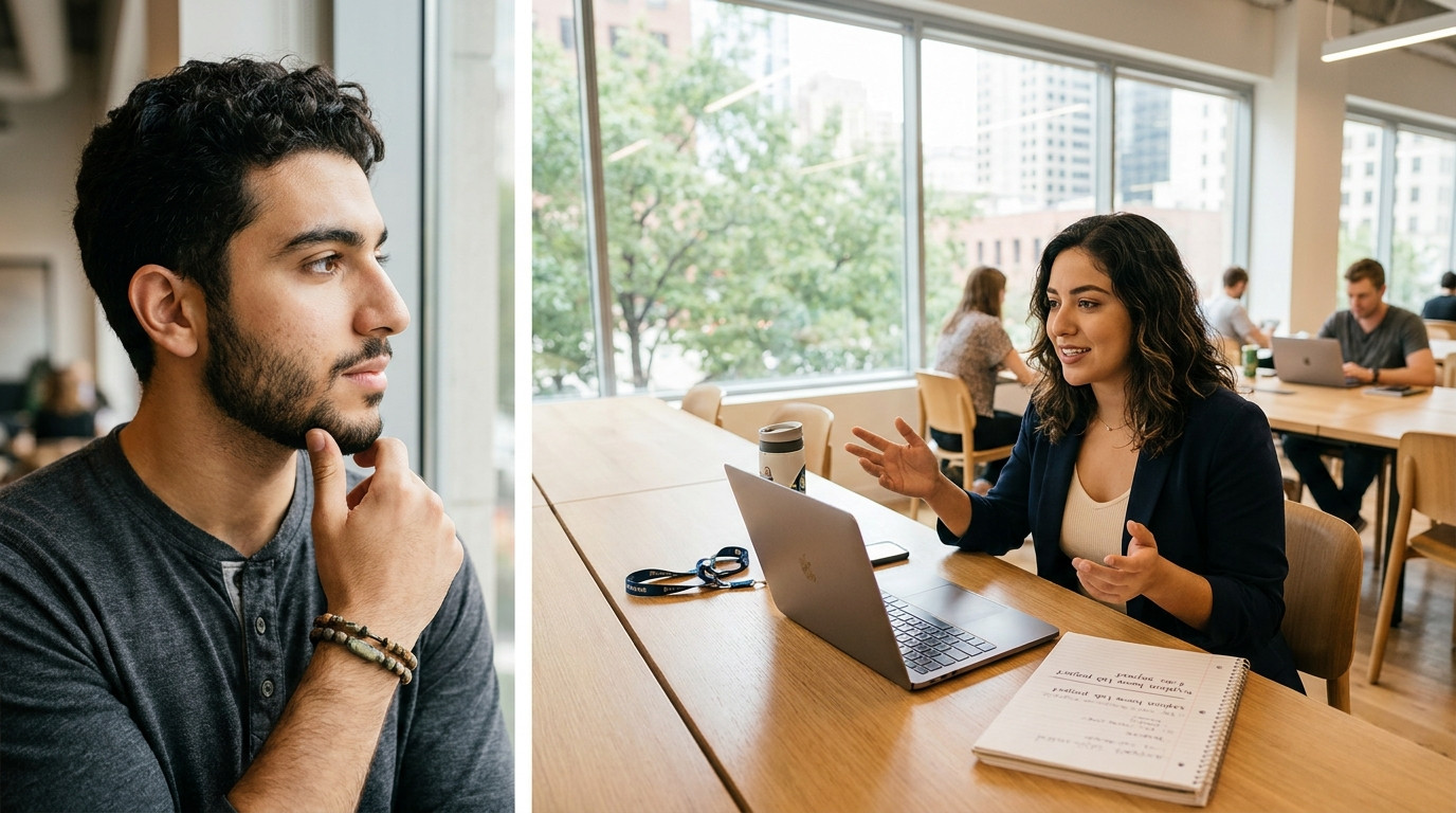 The same young Latina woman from before, now in a bright co-working space sitting at a long shared table, mid video-inte