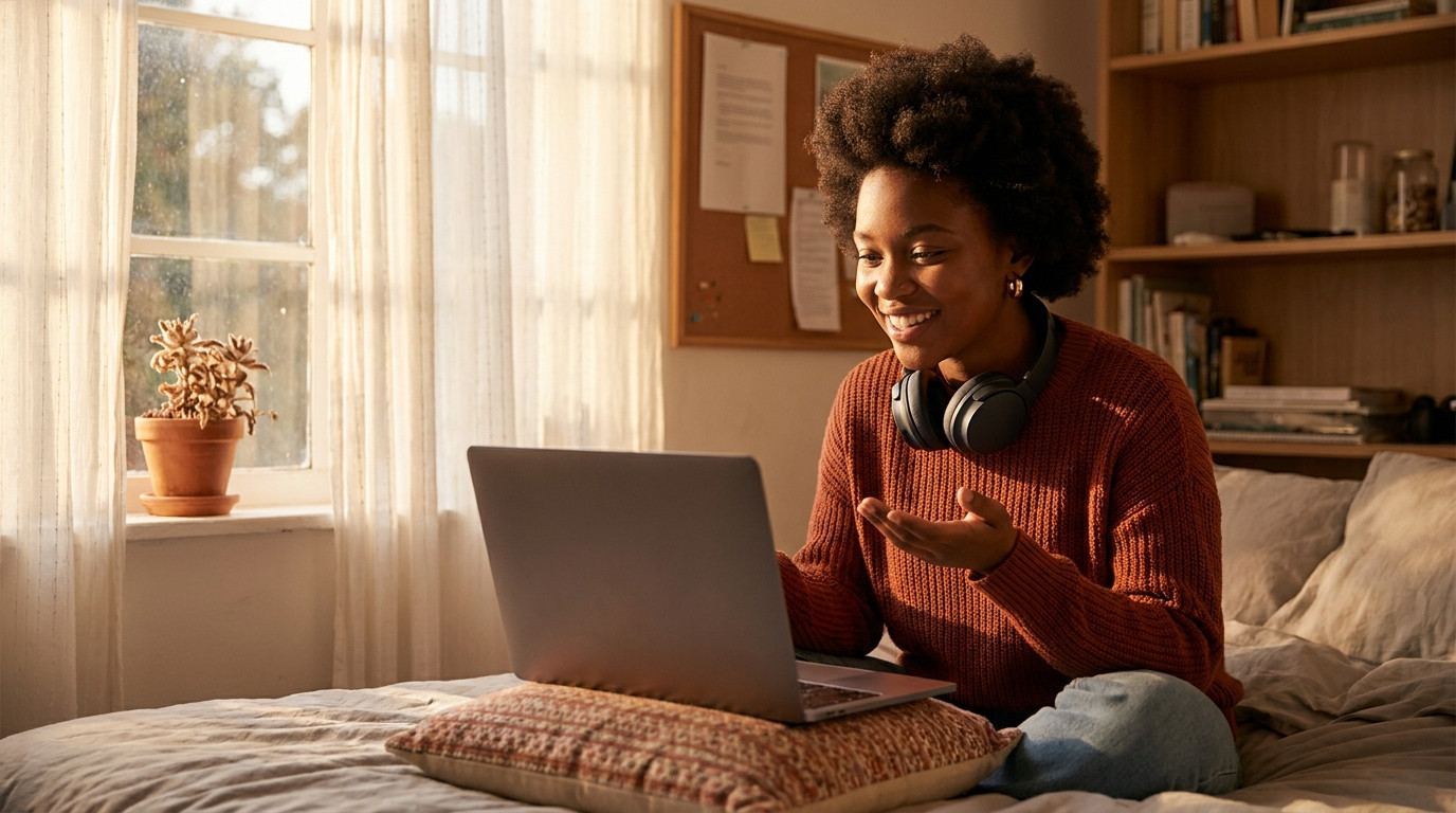 A college student in their early twenties sitting cross-legged on a bed with a laptop balanced on a cushion, mid-sentenc