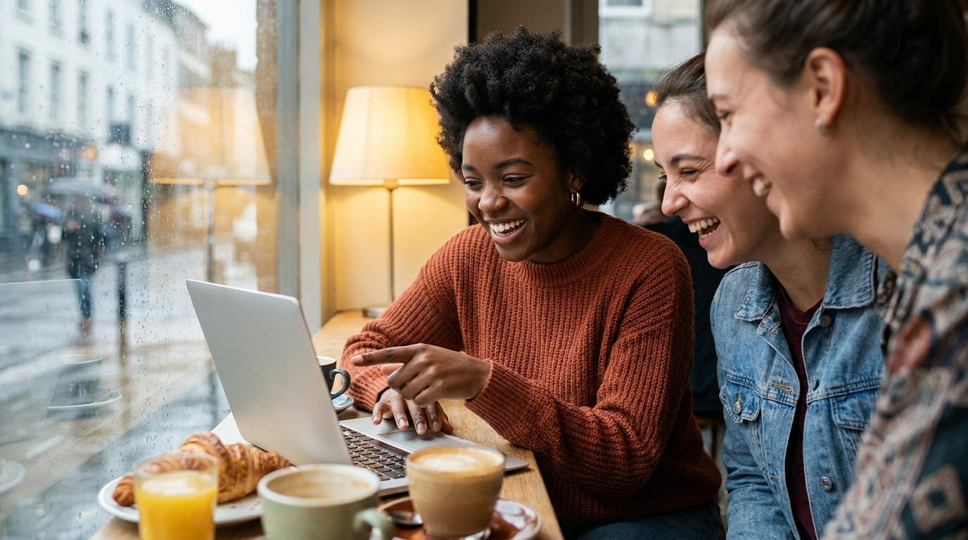 Three students of different backgrounds clustered around a single laptop at a cafe table, two leaning in to look while t