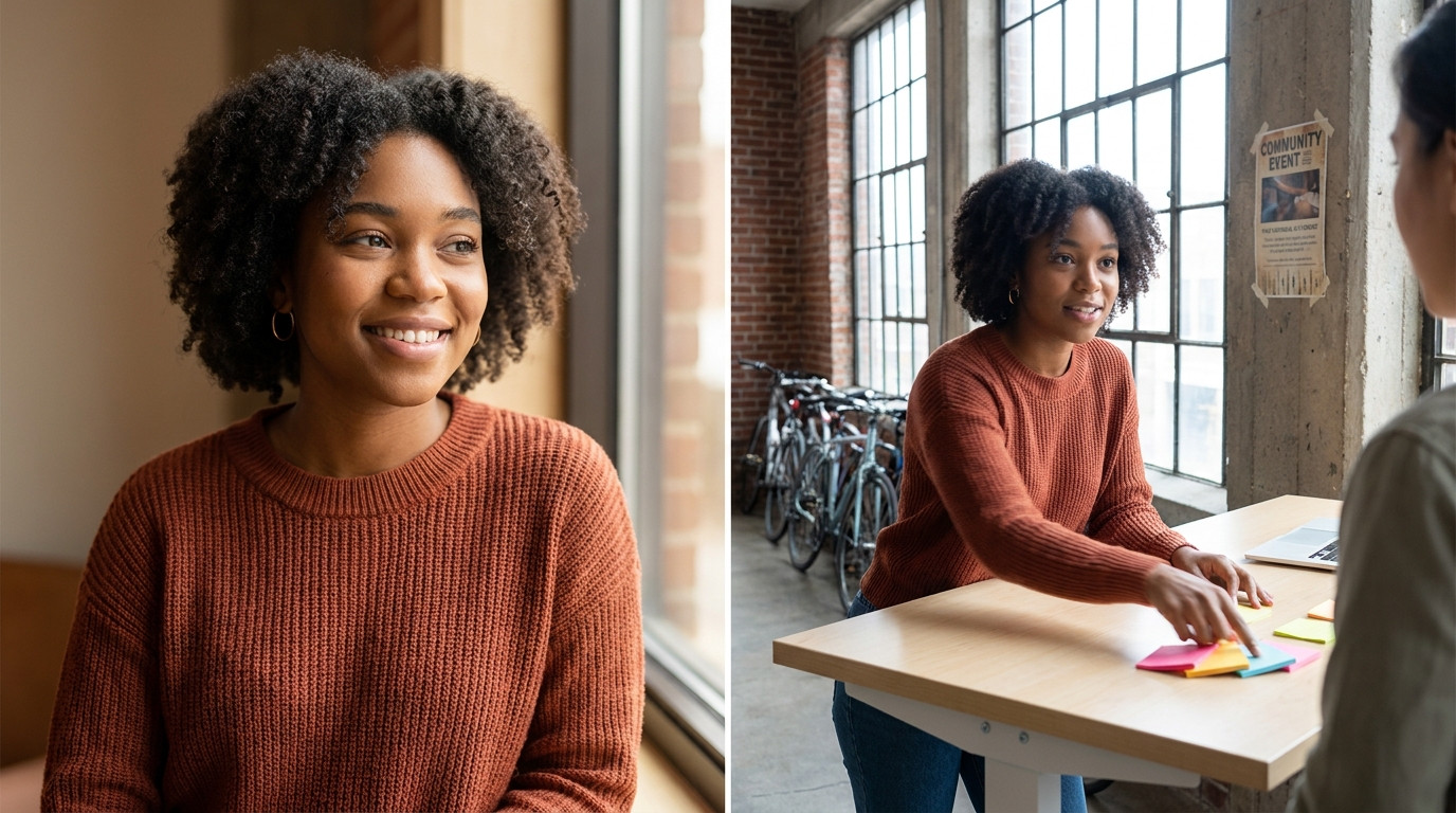 The same young person from before, now in a bright co-working space leaning over a shared standing desk, sticky notes fa