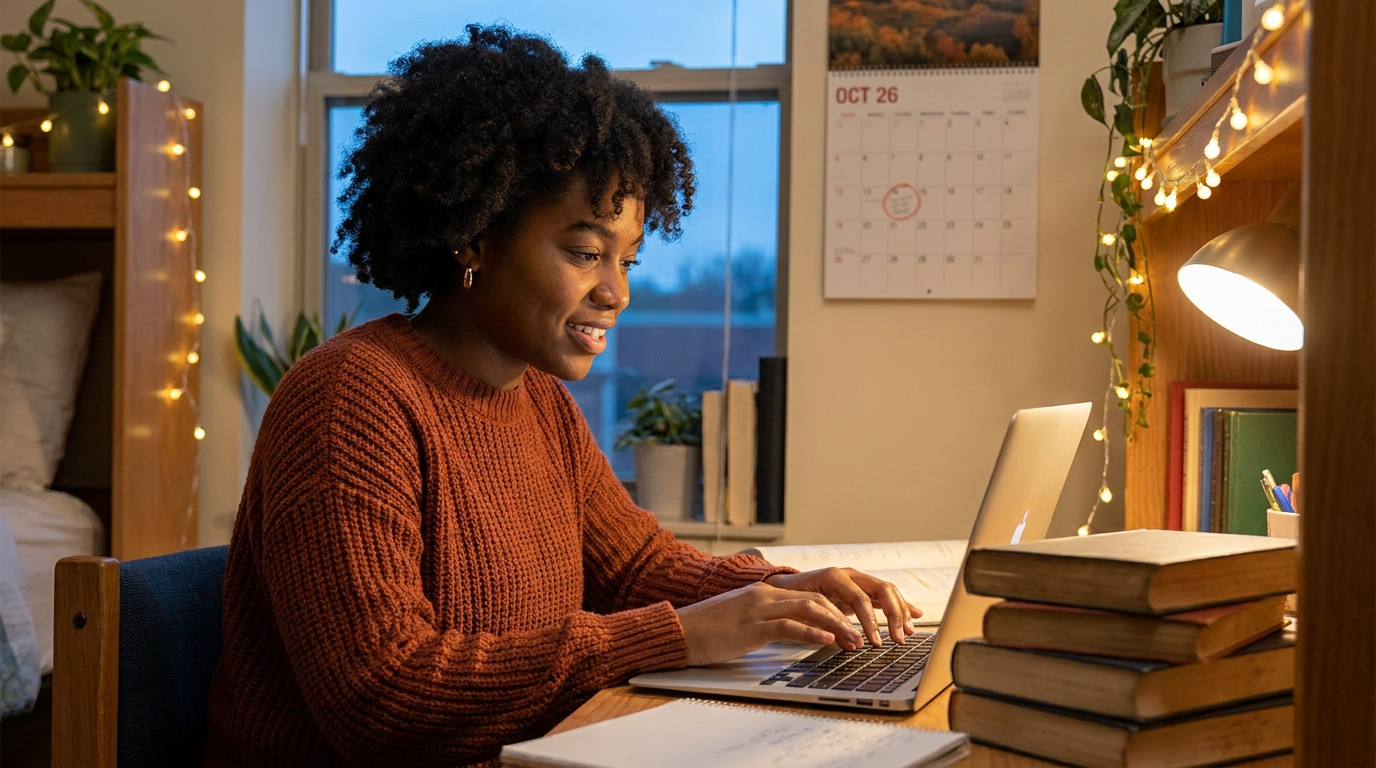 A college student in a dorm room hunched over a laptop at a cluttered desk, fully absorbed, typing fast with a focused h