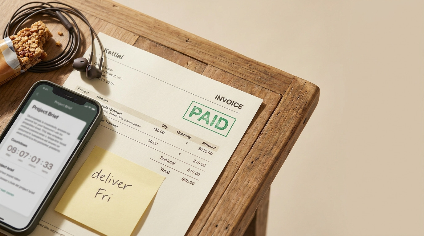 A flat-lay close-up of a small desk corner: a phone showing a project brief with a countdown timer, a printed invoice ma