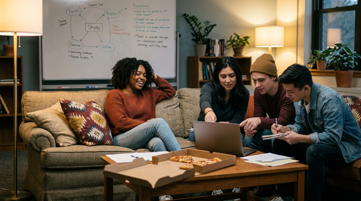 A group of four students of different backgrounds gathered around a laptop on a worn couch in a campus lounge, two point