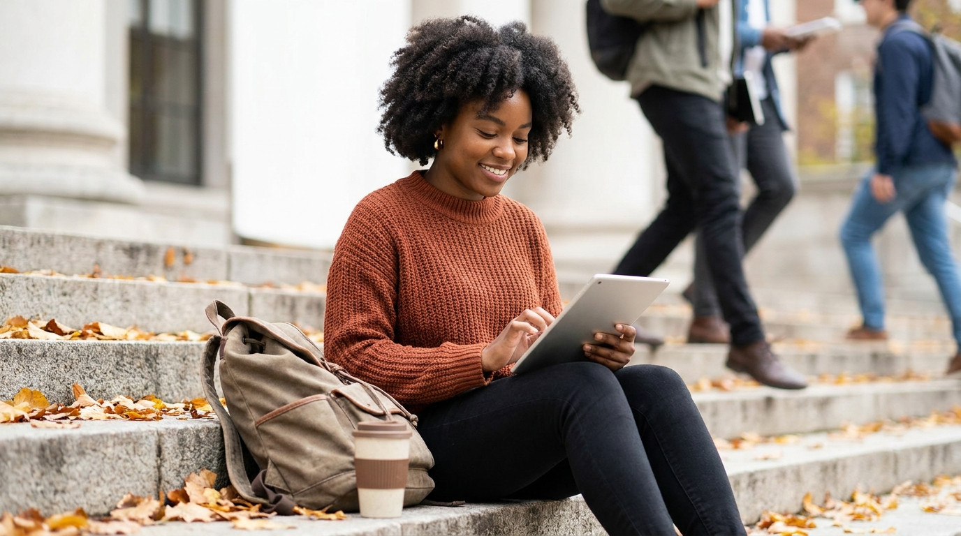 The same student from the dorm scene, now sitting on outdoor library steps with a tablet, scrolling a project listing, b