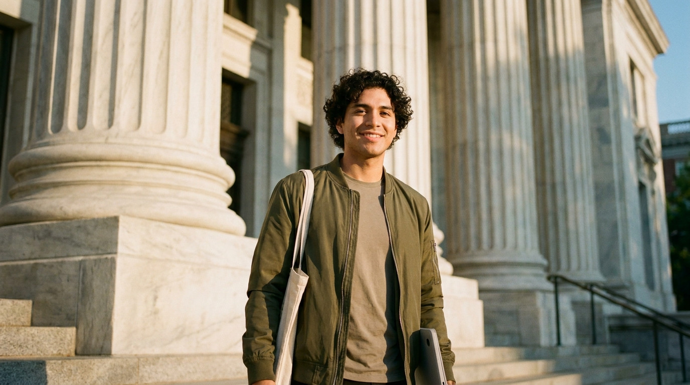 A young professional in business casual walking confidently between the tall marble columns of a neoclassical government