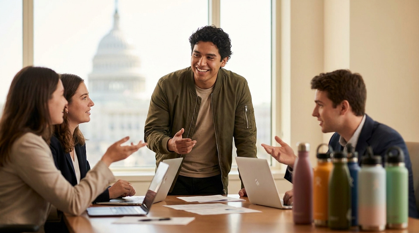 Three young interns in business casual gathered around a conference table covered in printouts and open laptops, the U.S