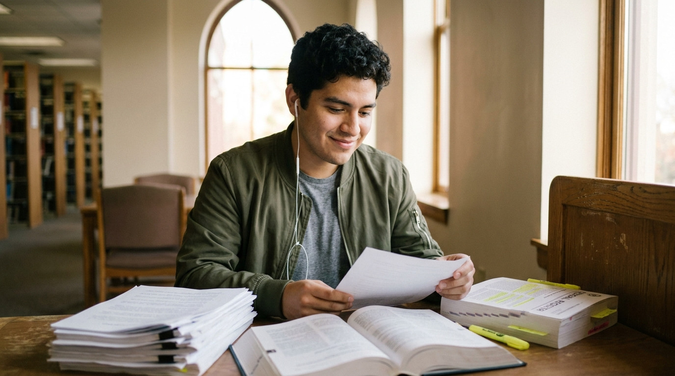 A young man sitting at a quiet library carrel reviewing a thick stack of printed application materials, policy textbooks