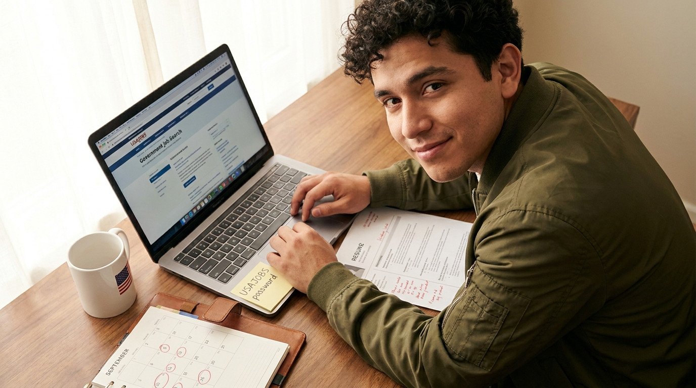 A clean, organized desk from above showing a laptop open to a government careers website, a printed resume with red pen