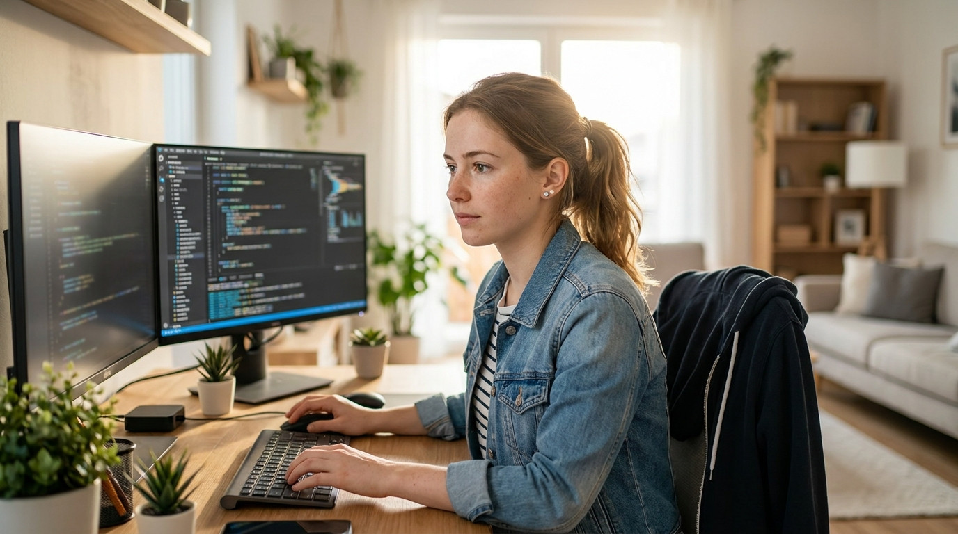 A college student working at a dual-monitor setup with cybersecurity dashboards and code visible on screen, natural ligh