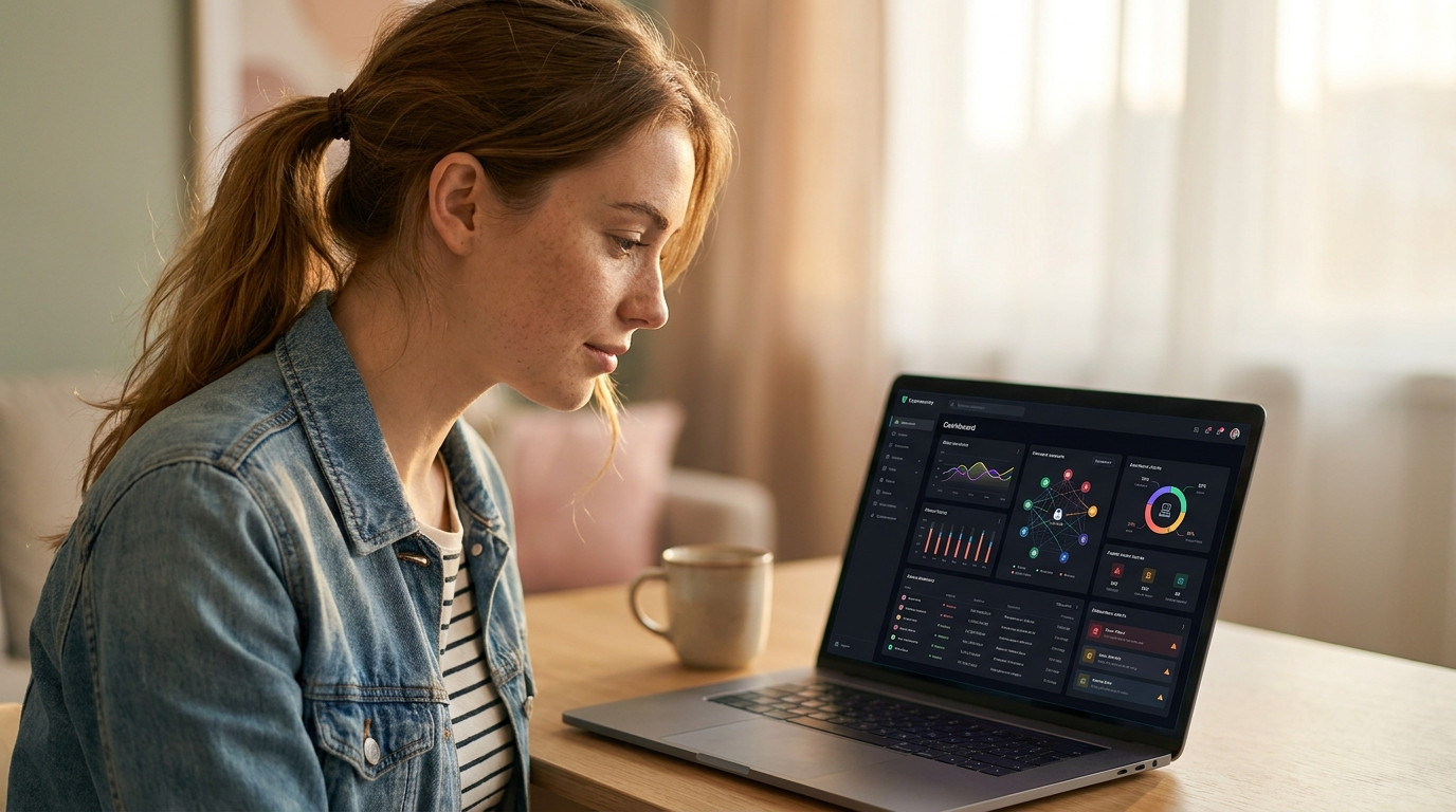A close-up of a laptop screen showing a cybersecurity dashboard with network monitoring graphs, threat detection alerts,